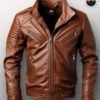 Men’s Benjamin Brown Biker Leather Jacket – Real Leather, Padded Arms, Stand Collar & Zipper Closure