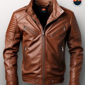 Men’s Benjamin Brown Biker Leather Jacket – Real Leather, Padded Arms, Stand Collar & Zipper Closure