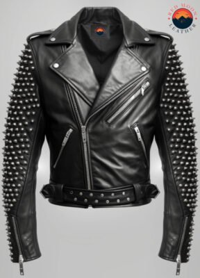 Men’s Black Studded Biker Leather Jacket – Real & Faux Leather, Asymmetrical Zip Style
