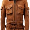Men’s Camel Brown Military Style Suede Leather Jacket – Real Suede with Zipper Front