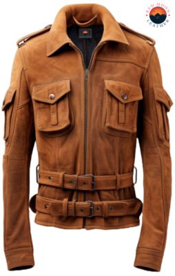 Men’s Camel Brown Military Style Suede Leather Jacket – Real Suede with Zipper Front