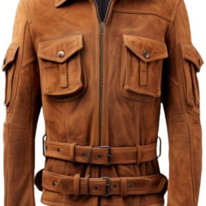 Men’s Camel Brown Military Style Suede Leather Jacket – Real Suede with Zipper Front