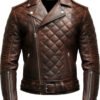 Men’s Quilted Brown Biker Leather Jacket – Distressed Real Leather Motorcycle Style