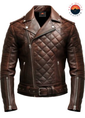Men’s Quilted Brown Biker Leather Jacket – Distressed Real Leather Motorcycle Style