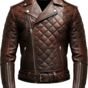 Men’s Quilted Brown Biker Leather Jacket – Distressed Real Leather Motorcycle Style