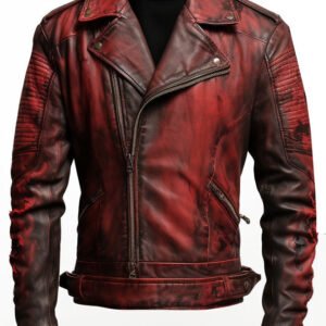 Men’s Bloody Red Leather Jacket – Halloween Costume Biker Style, Real Leather