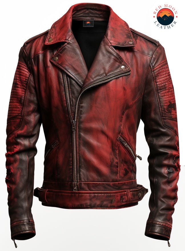Men’s Bloody Red Leather Jacket – Halloween Costume Biker Style, Real Leather