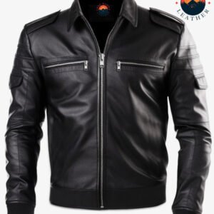 Michael Tom Classic Black Leather Jacket – Men’s Genuine Leather with Chest Pockets & Tailored Fit