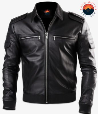 Michael Tom Classic Black Leather Jacket – Men’s Genuine Leather with Chest Pockets & Tailored Fit