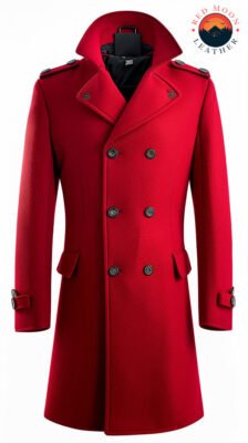 Men’s Red Wool Long Coat – Stylish Winter Overcoat with Button Closure